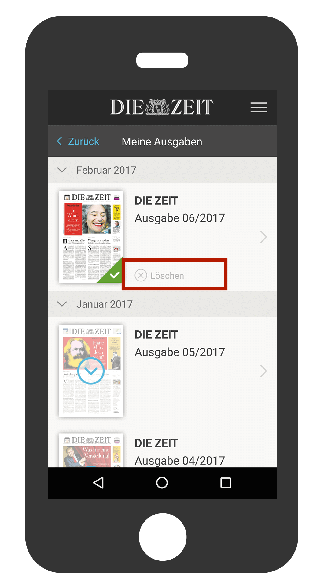 Android ZEIT E-Paper-App Ausgabe löschen